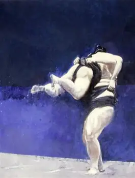 

CHARLES WILLMOTT ORIGINAL JAPANESE SUMO 'Tsuri-Otoshi' Lift & Smash Oil Painting on Canvas #free shipping