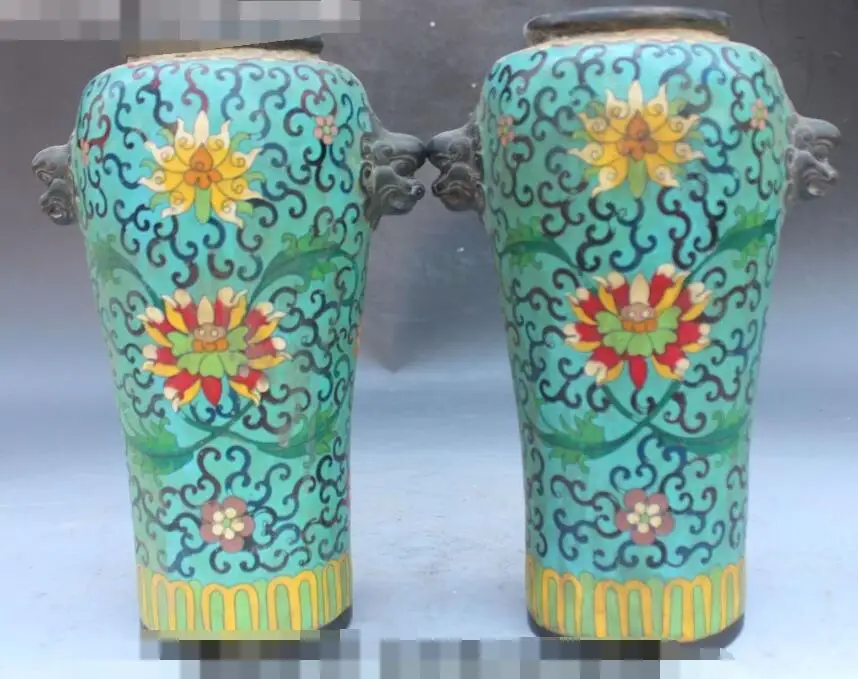 

S01020 9" Marked Cloisonne Enamel Bronze Dragon Lion Flower Vase Bottle Pot Pair Statue (B0413)