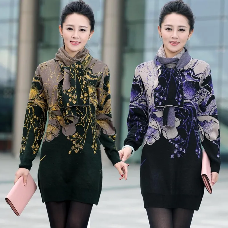 

Autumn vintage floral printed cashmere sweater dress women long sleeve warm knitted pullover shirts elegant mom winter vestidos