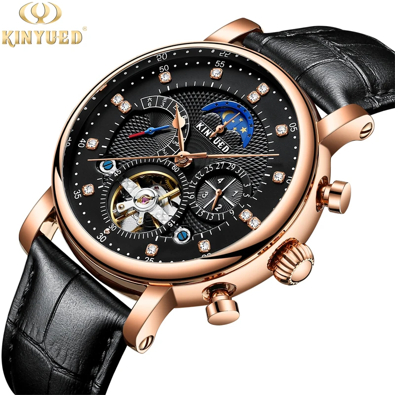 Механические часы Kinyued Skeleton Tourbillon автоматические мужские классические кожаные