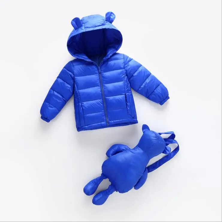 

New Boys Girls Thin Light Down Jacket+Backpack Hooded Boys Winter Coats KW-1623