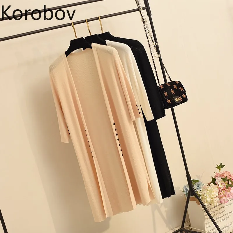 

Korobov Summer Thin Long Women Cardigans Knit Three Quarter Sleeve Korean Sweaters Solid Button Oversize Sueter Mujer 78459