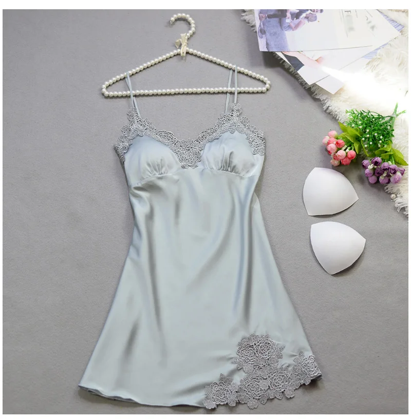 Sexy Silk Lace Sleepwear Dress Women Summer Solid Satin Nightgown Spaghetti Strap Sleeveless Nightwear Lingerie Sexy Night dress (25)