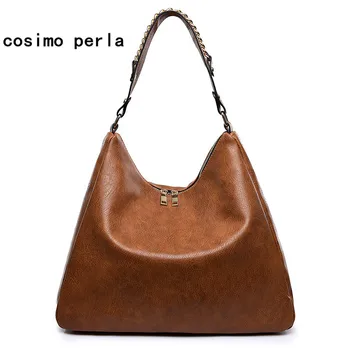 

Vintage Fashion Women Hobos Shoulder Bags Luxury Brand Chains Design Double Zipper Large Capacity Leather Tote Hand Bag Female