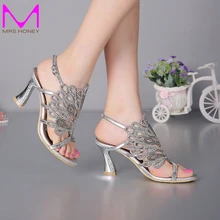 Sommer Neue Sandalen Blockabsatz Floral Silber Hochzeit Kleid Schuhe Strass Luxuriöse Echtes Prom Party High Heels