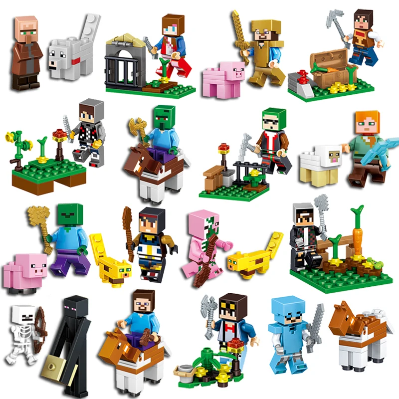 16Pcs/Lot Minecrafted Steve Alex Zombie Enderman Reuben Skeleton Weapon Action Figures Toys Compatible With LegoINGlys Blocks