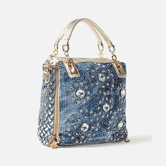 Denim Blue Tassel Decor Faux Pearl Decor Elegant Clutch Bag, Top