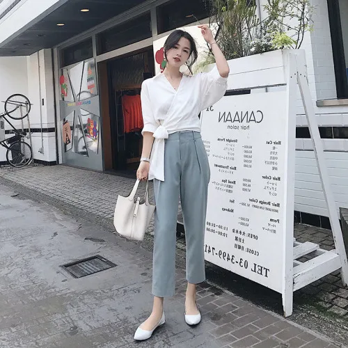 

New Spring Elegant Korean Two Piece Set Woman's V Neck Brief Casual 2 Pcs Set Vintage Wide Leg Pants Twinset