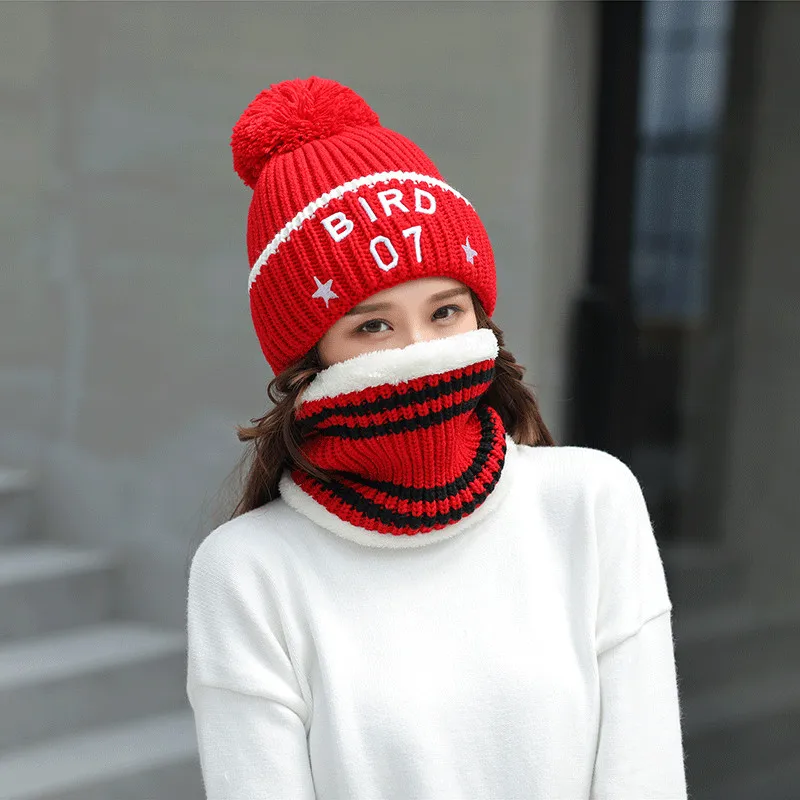 Женская зимняя шапка, шарфы, толстый вязаный плюс бархатный теплый шарф, ветрозащитный лыжный шейный платок с круглым вырезом, дикая шапочка, шарф для девочки, 2/комплект