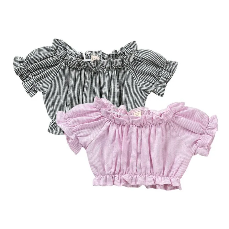 

Fashion Summer Baby Teenage Big Girls Striped Blouse Shirts For Kids Child Chiffon School Girls Off Shoulder Crop Tops Costume