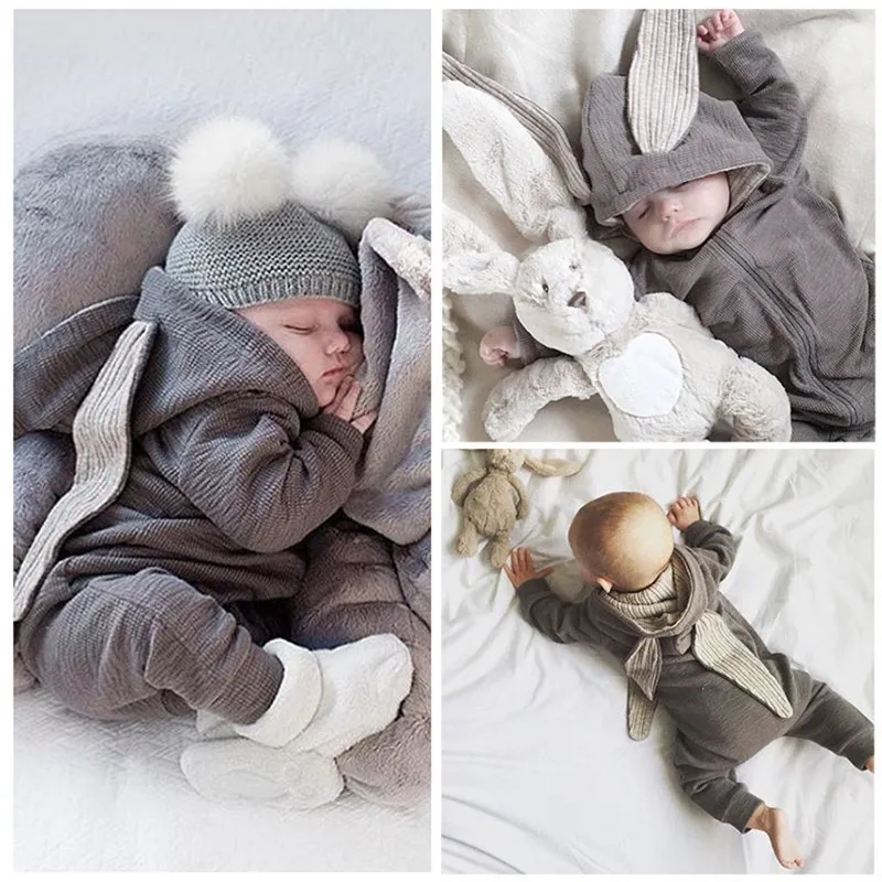 new Jumpsuit born baby clothes Rabbit 3D Ear Warm Romper Jumpsuit Outfits Hooded ClothesInfant Baby Girl Boy winter baby clothes - Цвет: Gray