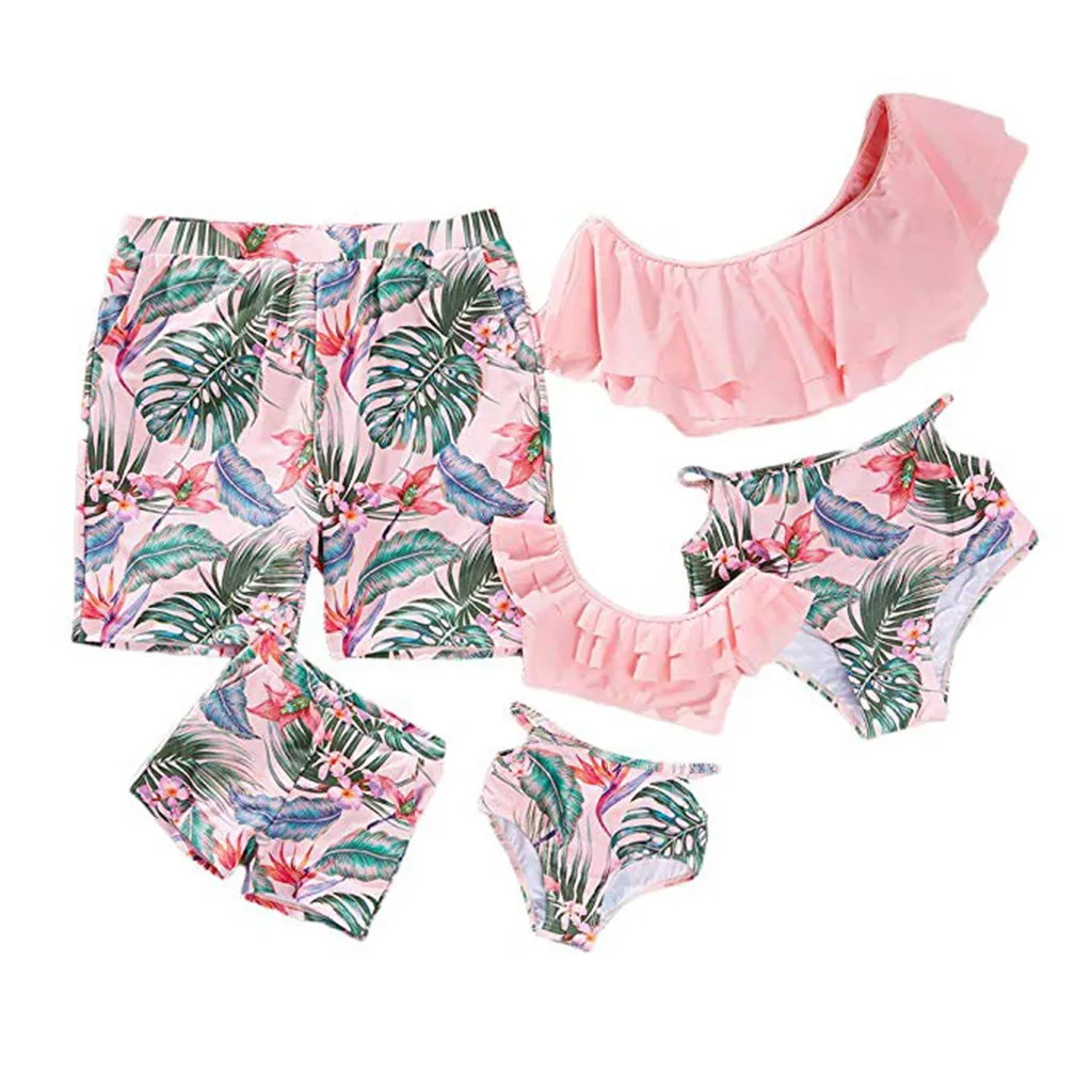 Child Mommy＆Me Family Matching Clothes Child Girl Bathing Bikini Leaf Print Pink Flounce Swimwear Two Pieces Swimsuit Set Summer