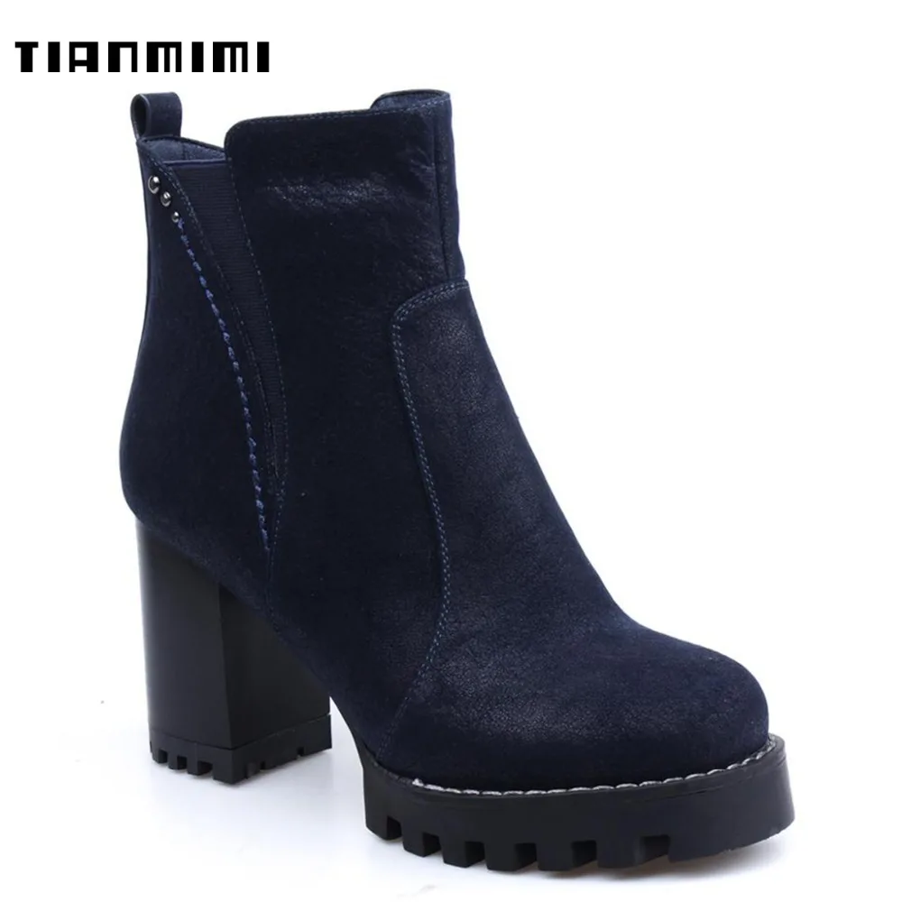 

TIANMIMI 2018 Autumn Winter Blue Women Ankle Boots Platform Chelsea Style 9CM Block High Heels Shoes Ladies Booties Footwear