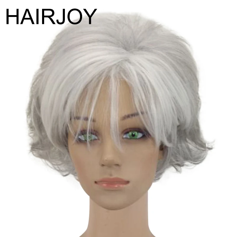 

HAIRJOY Women 2 Tones Synthetic Short Layered Curly Hair Puffy Natural Silver Grey Wig With Bangs Free Shipping