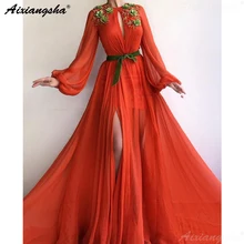 Мусульманские Вечерние платья кружевная одежда с цветочным узором; с высоким разрезом шифон исламский Восточный кафтан из Дубая Саудовской арабское, с длинными рукавами вечернее платье для выпускного вечера