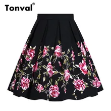 Tonval, черная элегантная винтажная плиссированная юбка с цветочным рисунком, Женская юбка-пачка в ретро стиле, летняя юбка до колена, хлопковая юбка размера плюс