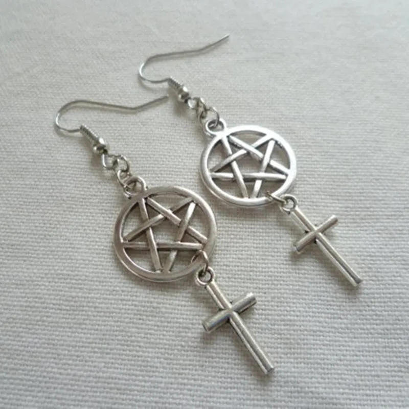

Pentagram and Cross,wiccan Jewelry,cross Earrings,pentagram Jewellery,pagan
