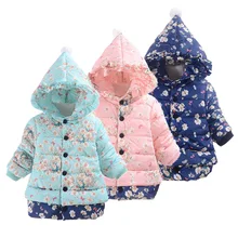 2019 Floral Hooded Girls Down Jacket Fleece Children Outerwear Long Winter Girl Clothes Thick Coats Outfit Fashion Overcoat 2-4Y