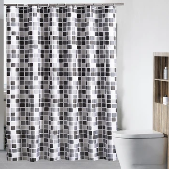 

200*180cm Plaid Bathroom Shower Curtain Black & Gray Waterproof Fabric Bath Curtains with 12 Hooks