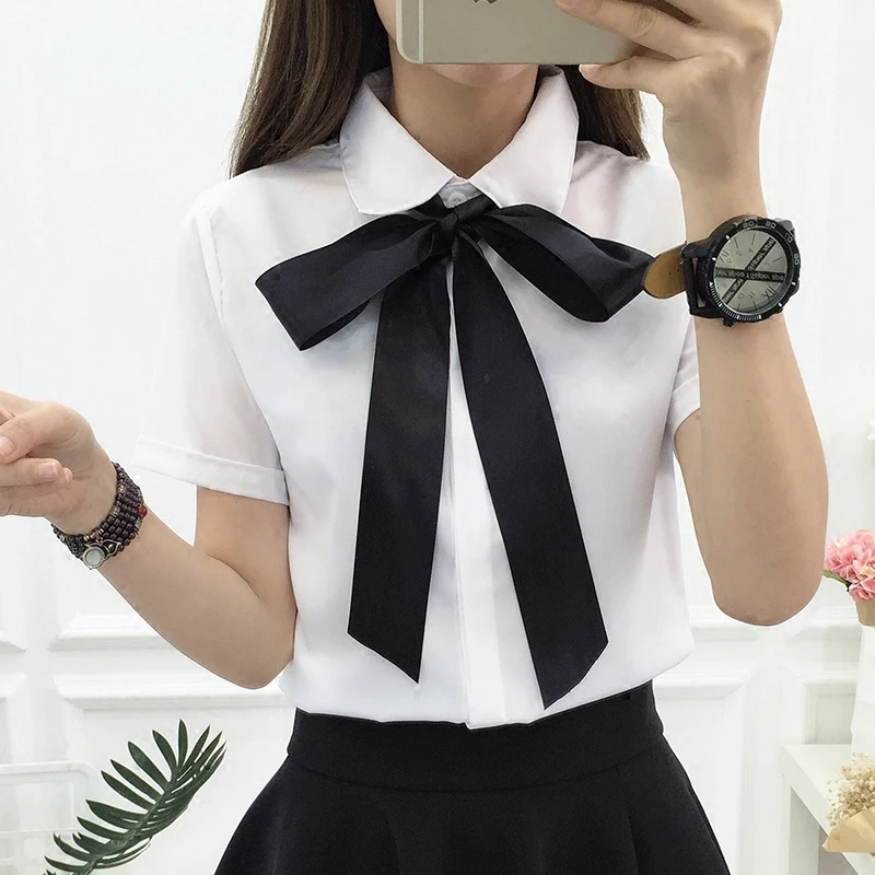  Cheap 2019 Fashion female elegant bow tie white blouses Chiffon turn down collar shirt Ladies tops 