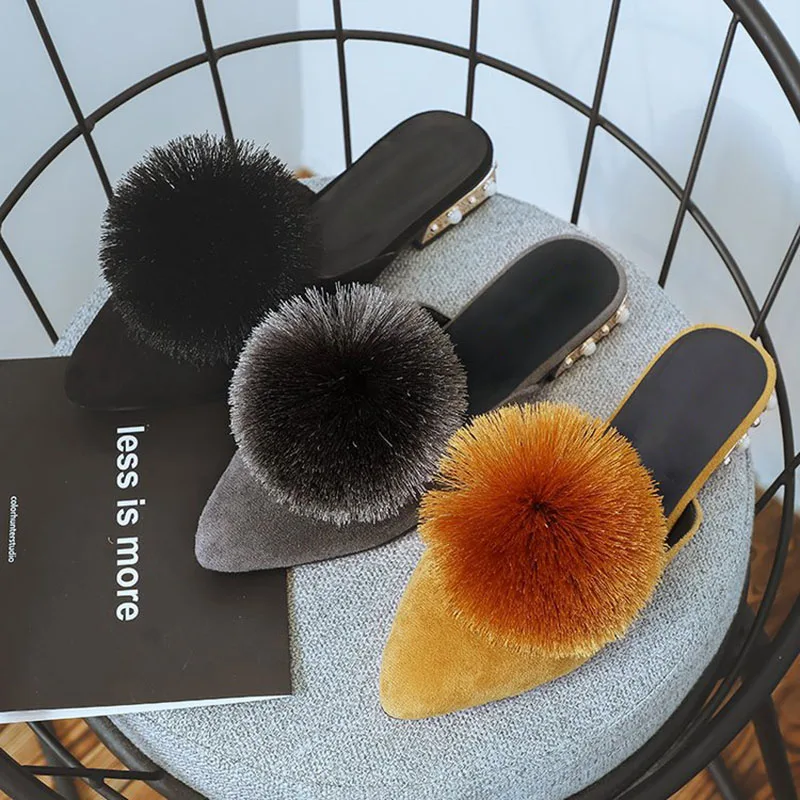 

Bailehou Ladies Shoes Fur 2018 Fashion Women Slippers Flat Mules Shoes Pointed Toe Women Slippers Woman Shoes Outside Slides New