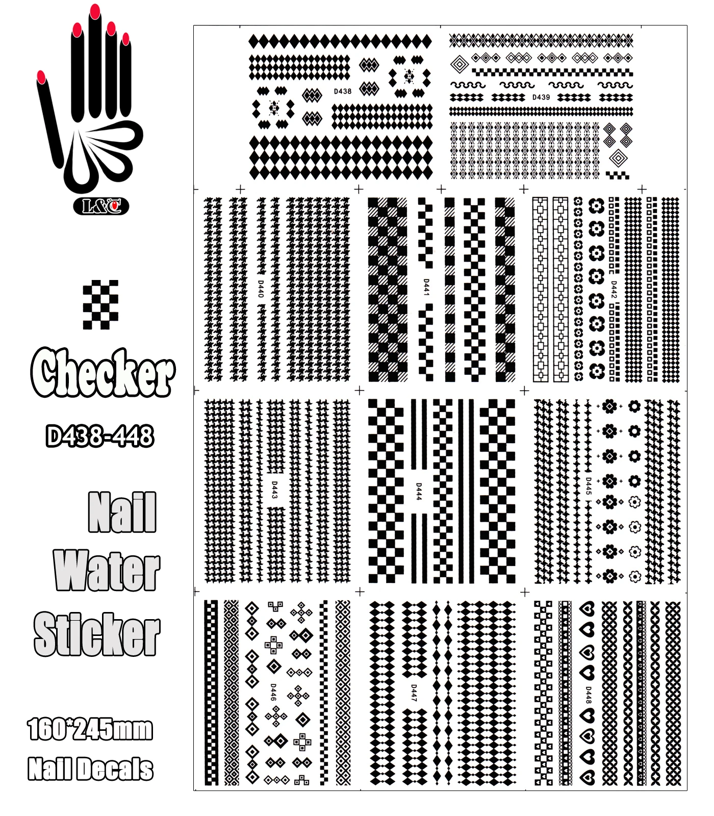 

11 Sheets/Lot Art Sticker D438-448 Classics Look Black Checker Nail Art Sticker Water Decal for Nail Decoration(11 DESIGNS IN 1)