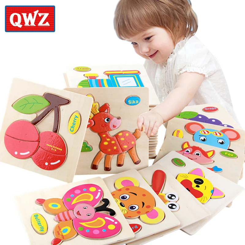 

QWZ Baby Toys Wooden Puzzle Cute Cartoon Animal Intelligence Kids Educational Brain Teaser Children Tangram Shapes Jigsaw Gifts