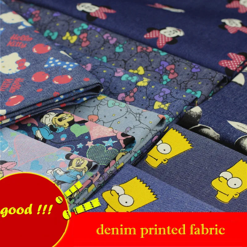 

140x50cm 1pc Denim 100% Cotton Fabric Hello Kitty Mickey Minnie Printed Denim Fabric Sewing Diy Children's Clothing Jeans