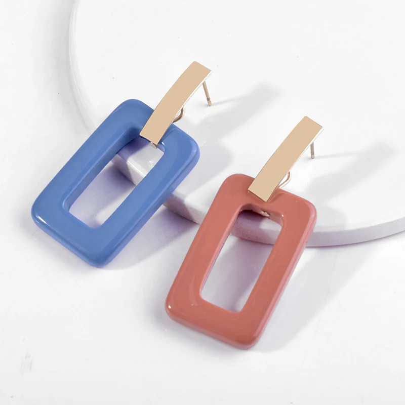 

2019 New Minimalisr Hollow Rectange Geometric Red Blue Korean Earrings for Women Solid Color Resin Drop Earring Girl's Jewelry