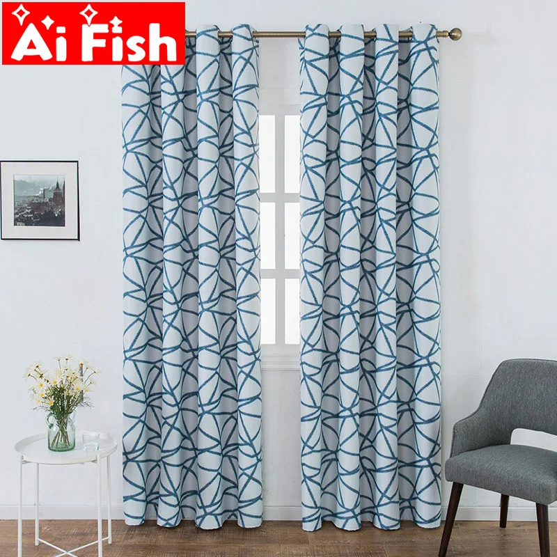 

New Style High Precision Printing Blue Geometric Abstract Pattern Thich Semi-shading Curtain Fabrics For Living Room WP182-40