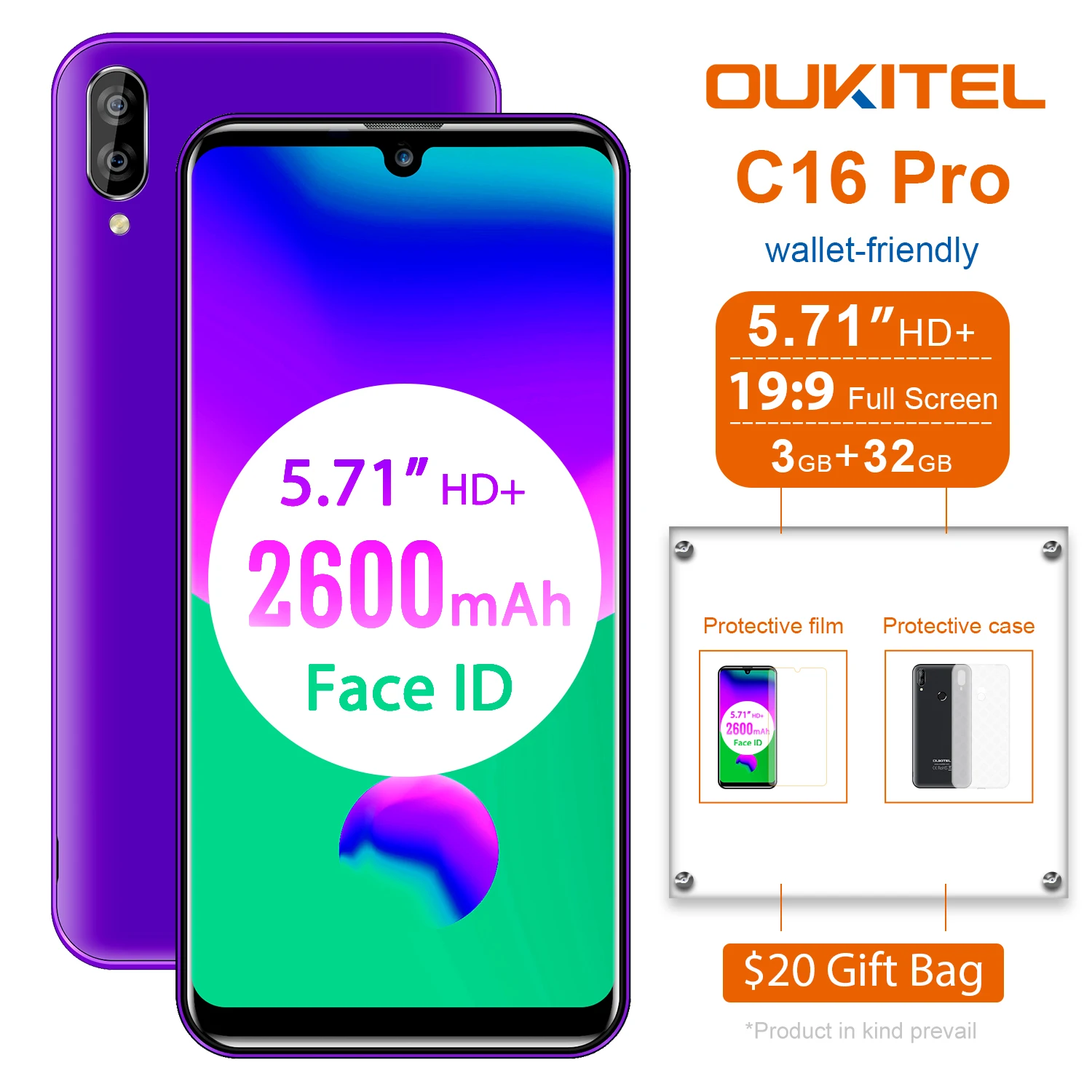 

OUKITEL 3GB RAM 32GB ROM Smartphone C16 Pro 5.71 inch Waterdrop MT6761 Quad Core Face ID LTE Mobile Cell Phone