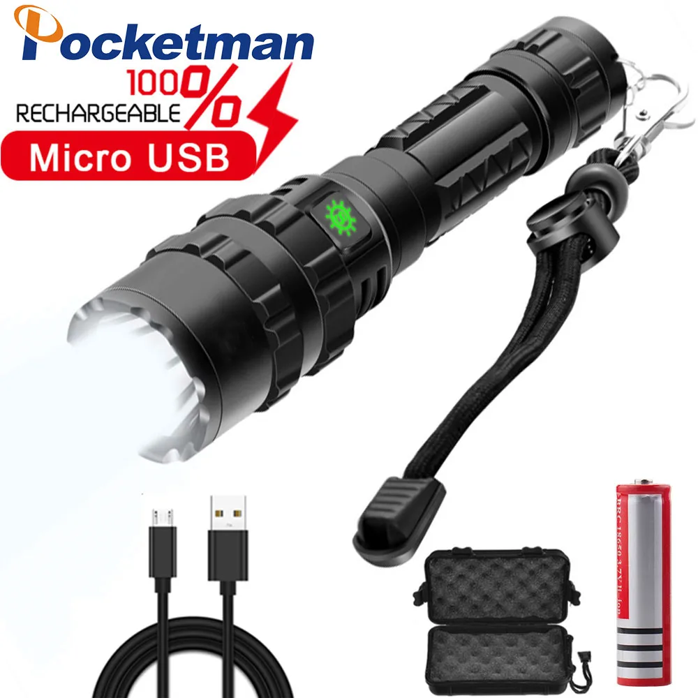 

LED flashlight 50000Lumens LED Tactical Ultra Bright USB Rechargeable Scout light led Torch Hunting light Waterproof 5 Modes