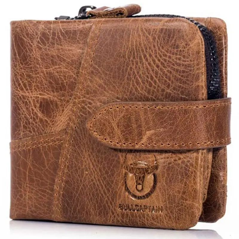 

BULLCAPTAIN Vintage Leather Trifold Wallet Men Short Hasp Wallet Casual Male Zipper Wallets Card Holder Money Bag Coin Purse