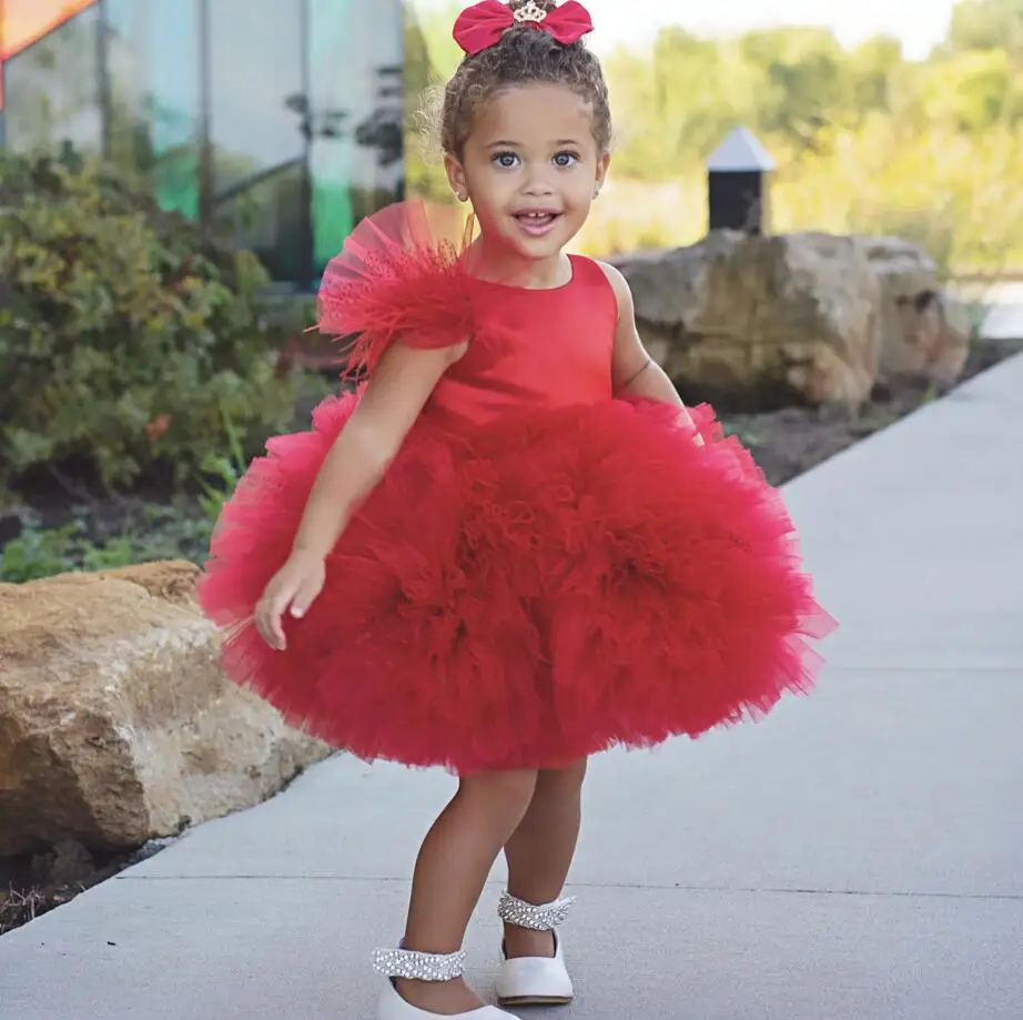 

Red short Puffy tulle Ruffles flower girl dresses for party Christmas knee length sleeveless baby infant tutu 1st birthday gown