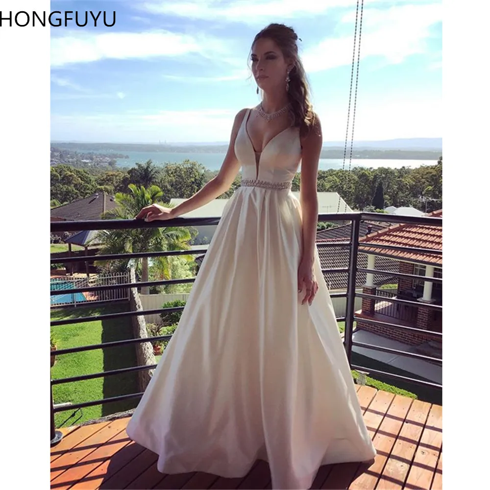 

HONGFUYU 2019 A-line Satin Prom Dresses Illusion V-Neck Formal Evening Dress Long Party robe de soiree Pageant Gowns Full Length