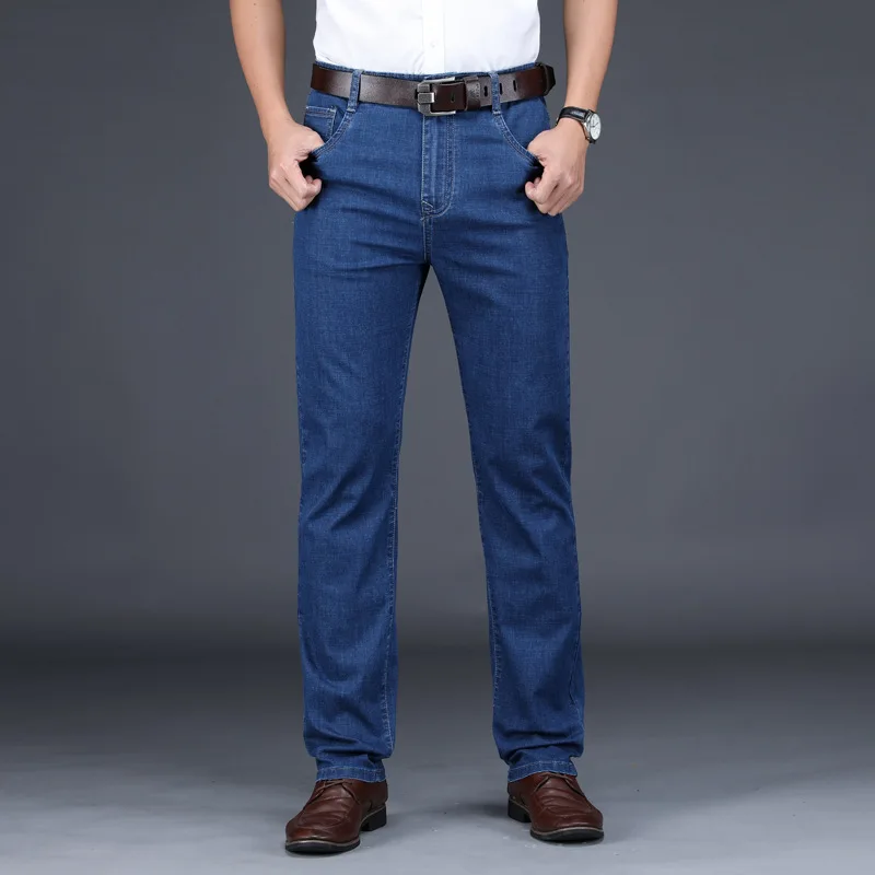 

Spring new jeans men's business straight loose casual pants elastic business dad wear high waist stretch pants men
