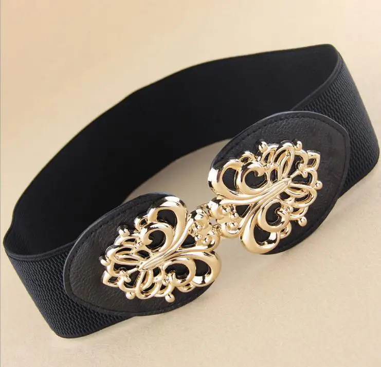 CRUOXIBB gold plated hollow out metal buckle elastic wide waist belt for women,fashion high ...