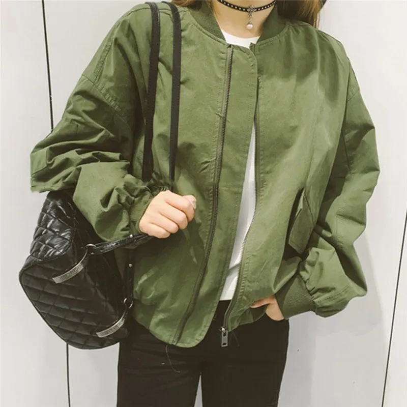 

Autumn Korean Style Women Baseball Jackets Female Basic Coats Army Green & White Color Baseball Uniform Outwearr Loose Coat