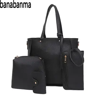 

PinShang 4Pcs/Set Handbag Women PU Leather Fashionable Fringed Bags Set Satchel Handbag Card Bag Wallet Bags for Women ZK40