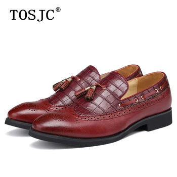 

TOSJC Mens Tassel Loafers Crocodile Pattern Slip-on Brogue Formal Shoe Carved Oxfords for Man High Quality Business Dress Shoes