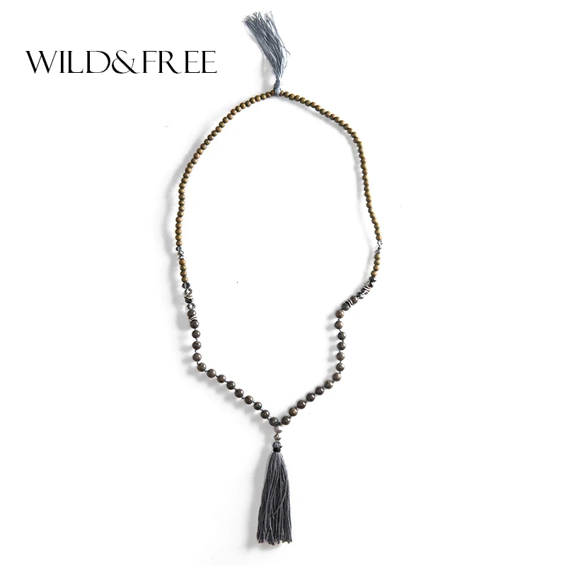 

Wild&Free 2018 Boho Natural Stone Beaded Necklace Vintage Handmade Wood Gray Tassel Long Pendant Necklaces Statement Jewelry