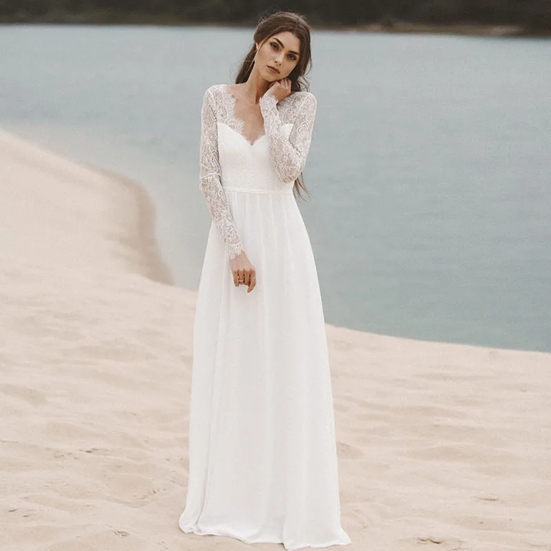 

Eightree Lace Chiffon Wedding Dress Long Sleeves Beach Bride Dress Floor Length A-line Wedding Gowns Vestidos De Novia V-neck