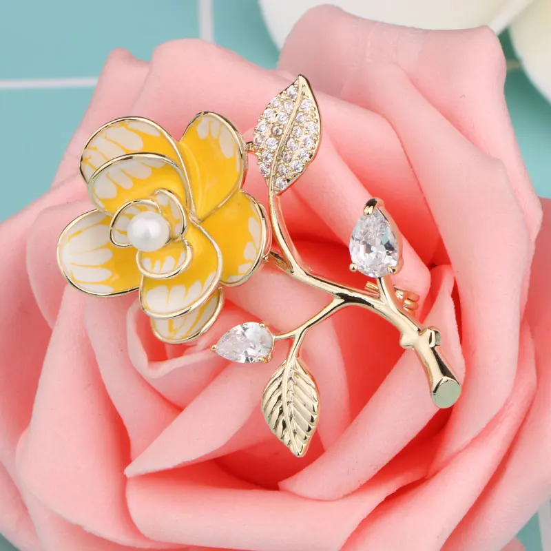 CHUKUI Delicate Yellow Enamel Flower Brooch Zircon Crystal Plant Corsage Women Girls Dress Clothes Jewelry Pins  (7)