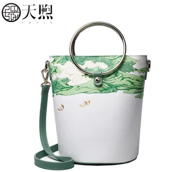 

PMSIX 2020 New women leather bags Cowhide bag tote women bag fashion Embroidery designer handbags leather Bucket bag