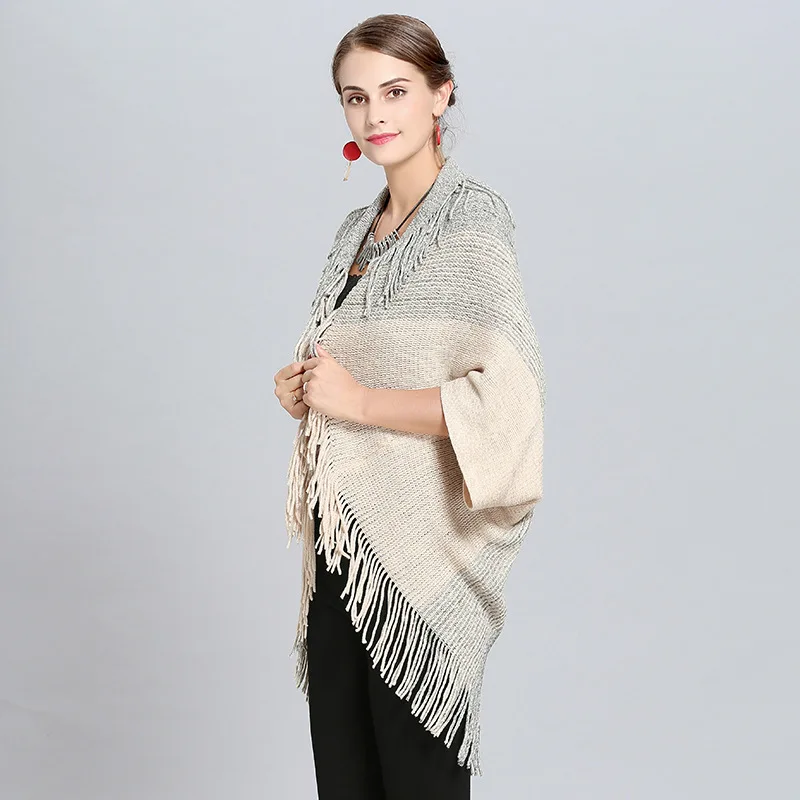 SC230 2018 Oversize Cape Winter Knitted Loose Striped Poncho Women Cardigans Female Short Sleeves Vintage Tassel Long Sweater