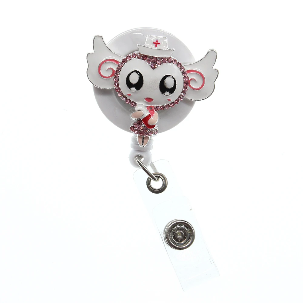 ID Badge Holder Reel Cute Angel Fairy Nurse Brooch Pin Enamel Crystal Gift