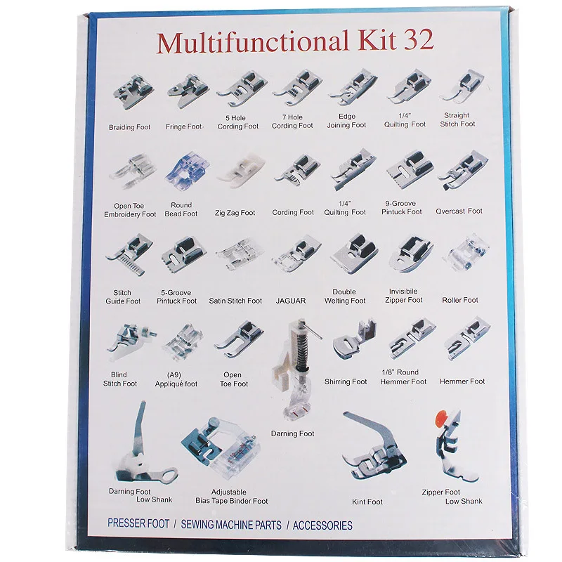 Набор прижимных ножек для бытовой швейной машины с коробкой Singer Janom Швейные машины инструменты для ног аксессуар швейный инструмент - Цвет: 32pcs