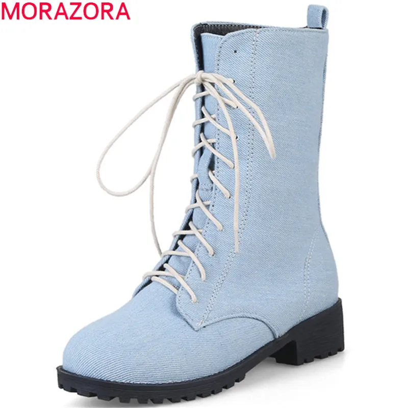 

MORAZORA 2020 plus size 33-46 ankle boots for women top quality denim autumn winter boots lace up round toe square heels shoes
