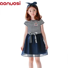 baby girl summer clothes 2018 new children stripe Short sleeve bowknot Round collar princess blue A