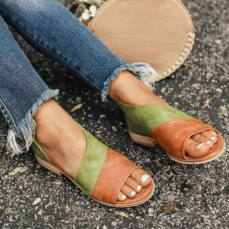 Тонкие женские туфли больших размеров, новинка года, цветные Босоножки с открытым носком в стиле ретро, женская обувь без застежки с открытым носком - Цвет: green brown